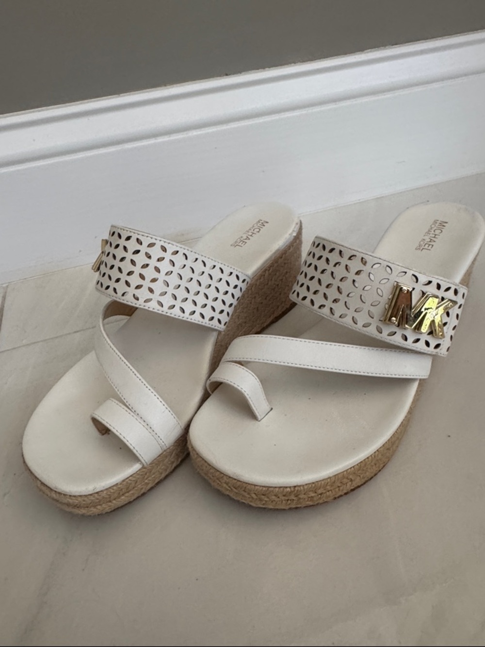 Michael Kors Cream Laser-Cut Espadrille Wedge Sandals with Gold MK Accent